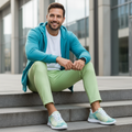 Fit man on steps in lime joggers white sweatshirt and aqua hoodie with geometric shoes