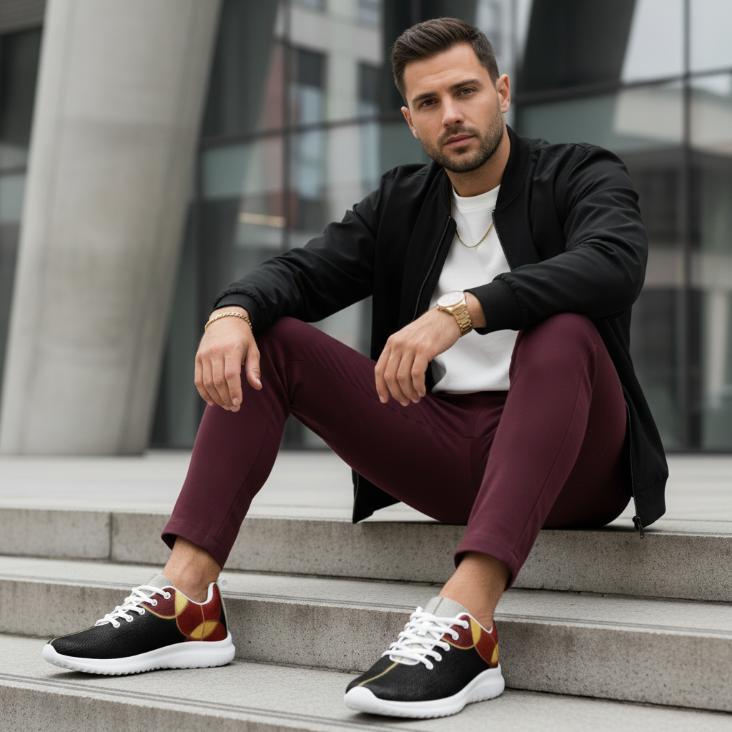Fit man sitting on steps in red joggers white sweatshirt with black geometric shoes white sole in focus