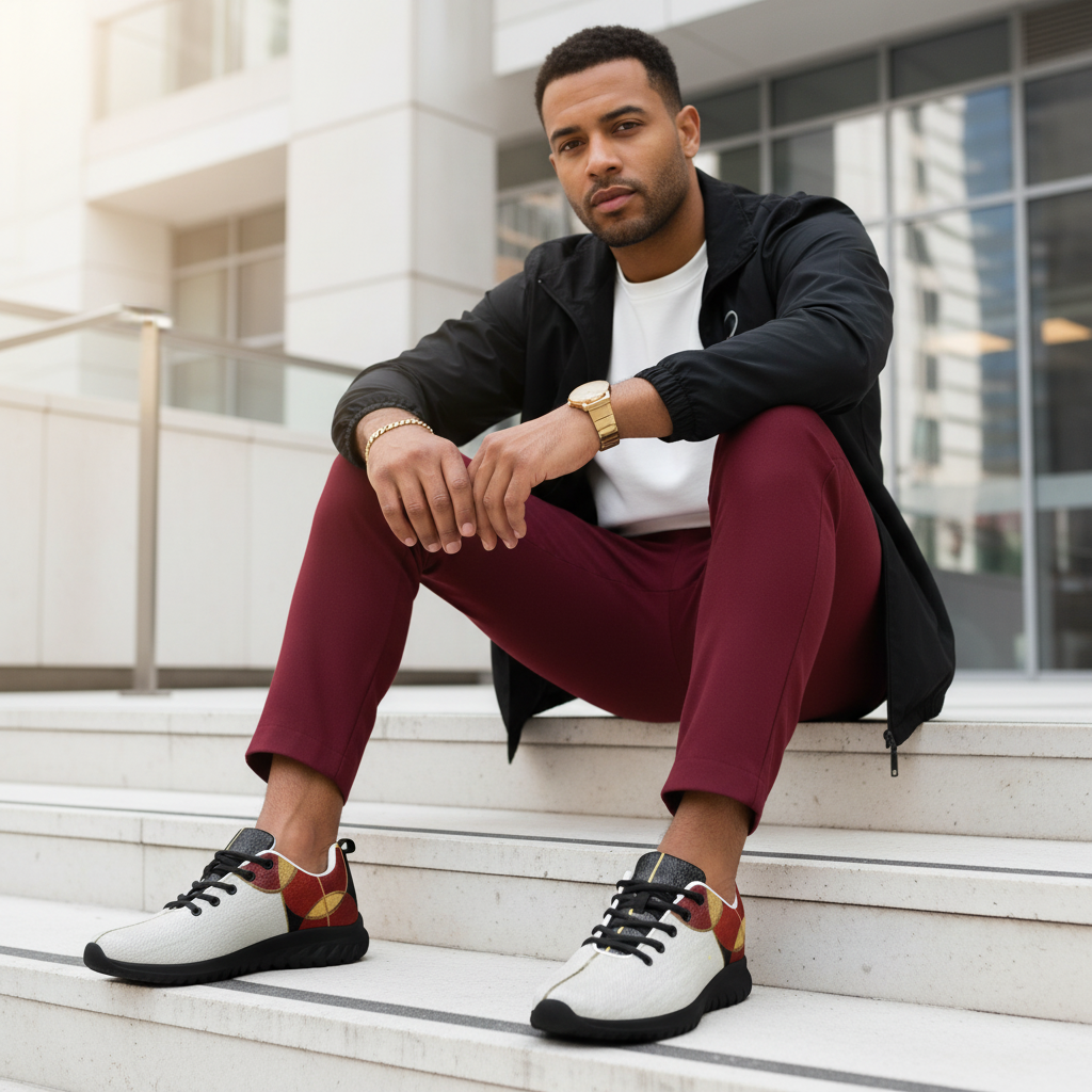 Fit man sitting on steps in red joggers white sweatshirt with red gold shoes in sharp focus