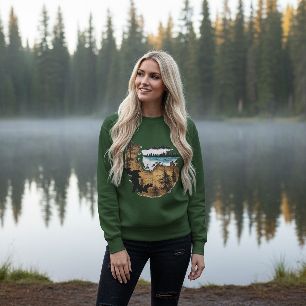 Forest green sweatshirt by forest lake misty morning