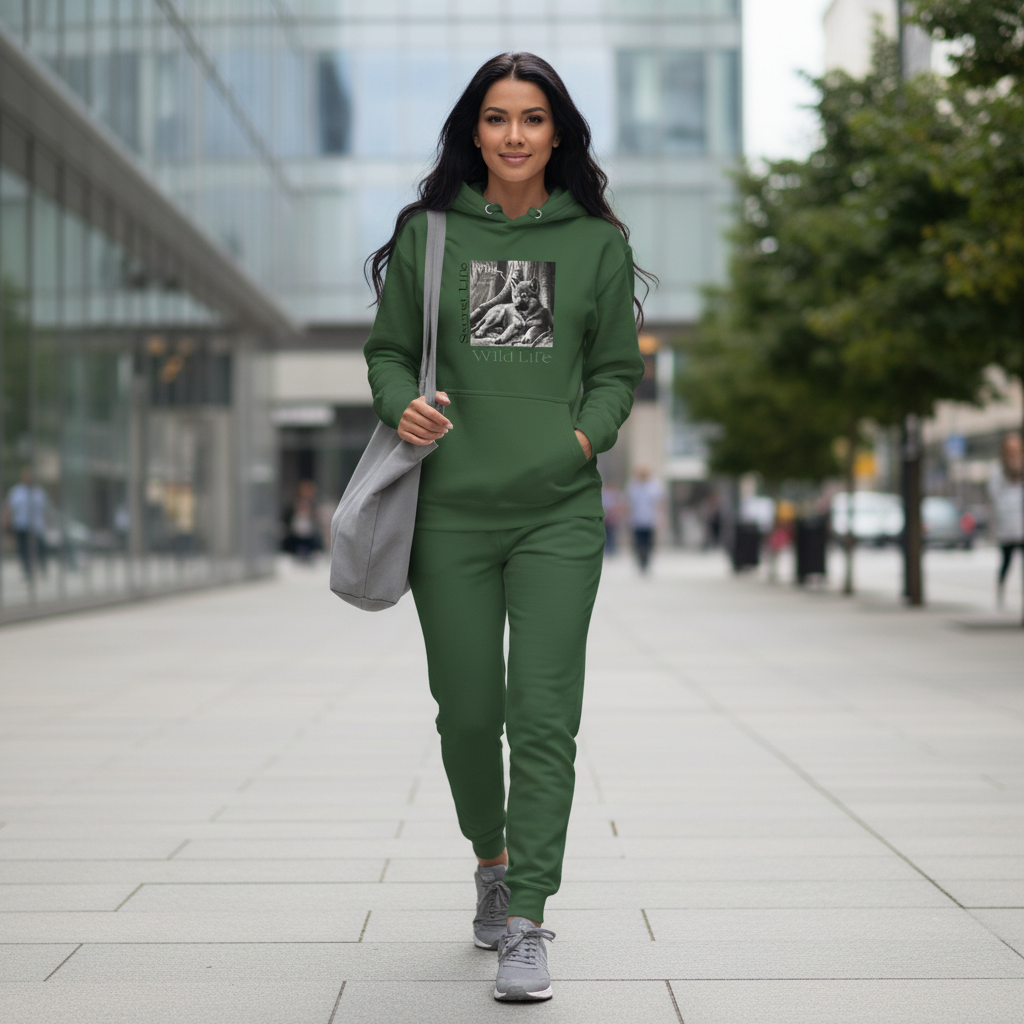 Forest green wolf hoodie green joggers grey sneakers bag comfortable luxury