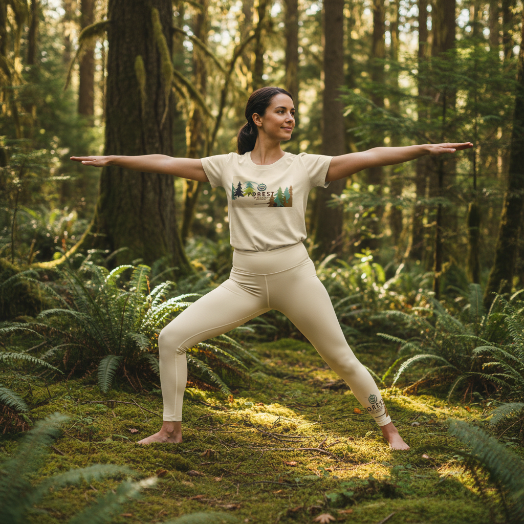 Forest print t-shirt and leggings in yoga pose in nature setting