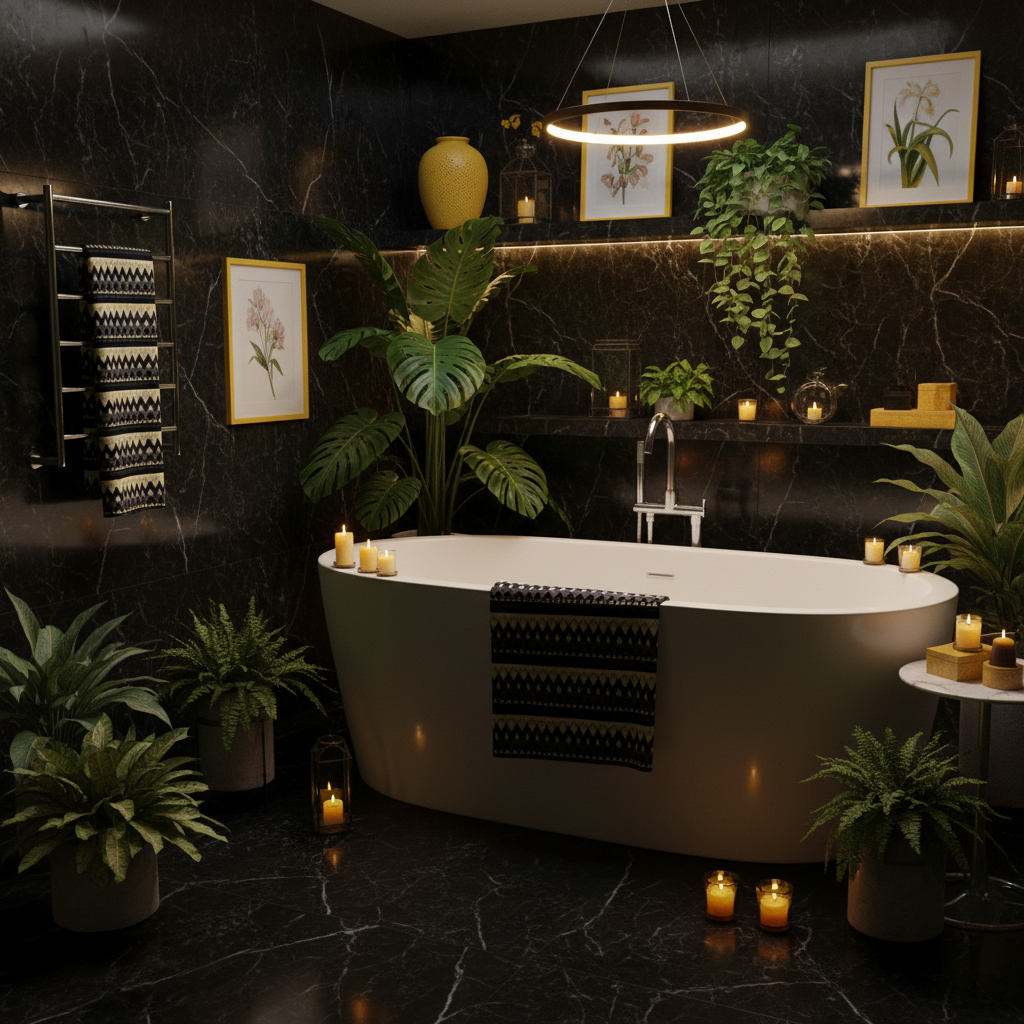 Glamorous dark bathroom with yellow and black geometric towel