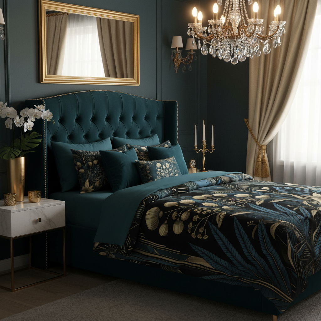 Glamorous dark teal bedroom with midnight botanical duvet cover