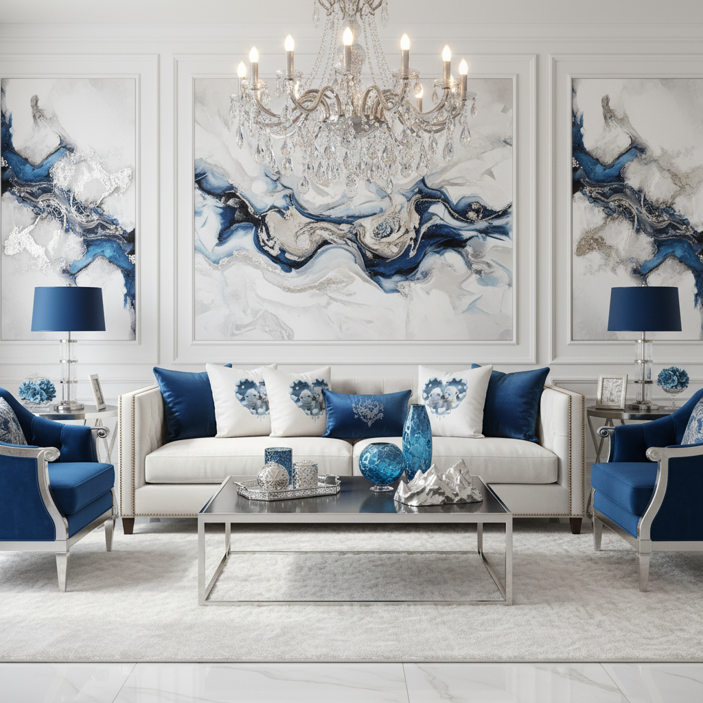 Glamorous living room with white velvet sofa, polar bear heart pillows, crystal chandelier and blue accents in sophisticated arctic-inspired decor