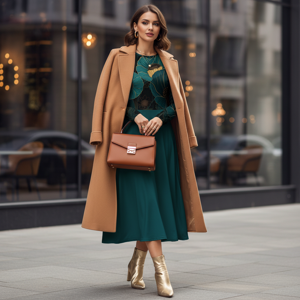 Glamorous woman in teal dress with camel coat and gold accessories