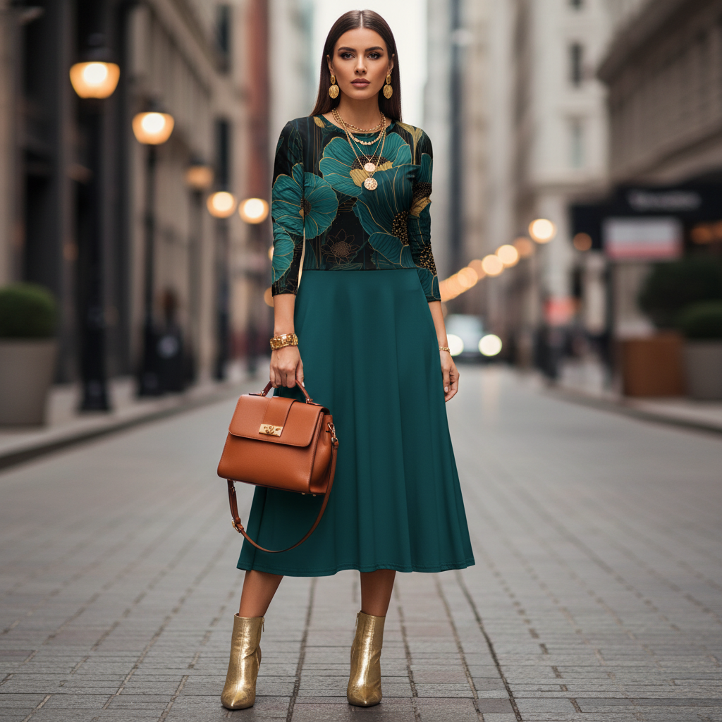 Glamorous woman in teal dress with gold boots and jewelry