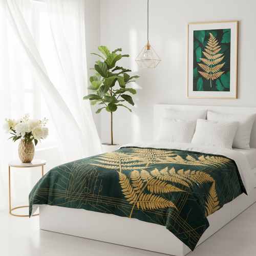 Gold fern botanical duvet cover on emerald green background as breathtaking hero piece on a twin bed in a sun-drenched white bedroom with billowing sheer curtains, large botanical art print, fresh flowers and fiddle leaf fig