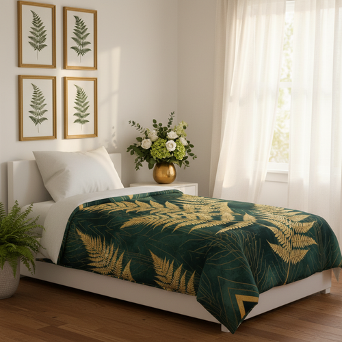 Gold fern botanical duvet cover on emerald green background on a twin bed in a bright sunny white bedroom with gold framed botanical art prints gallery wall, sheer linen curtains, fresh white flowers and fern plant
