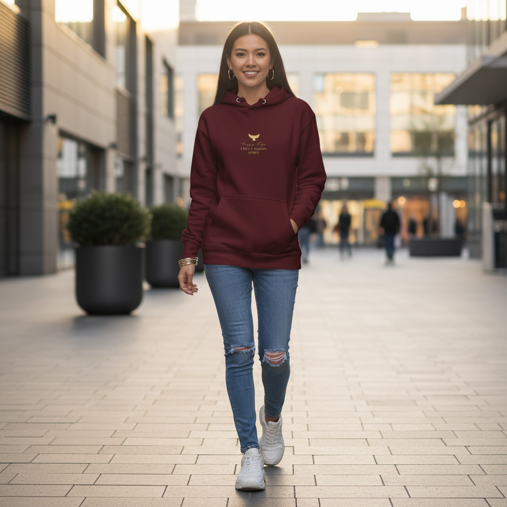 Golden Bird Maroon Hoodie Woman Full Body Lifestyle