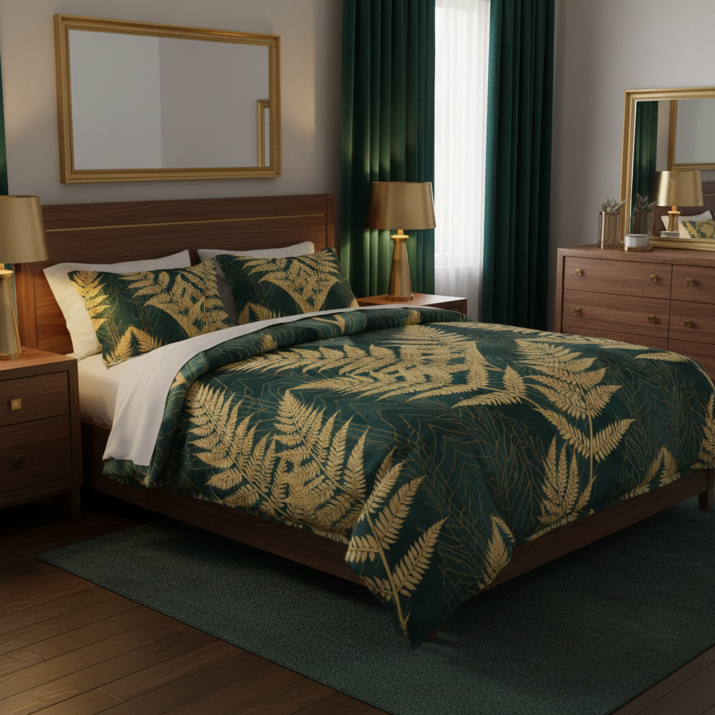 Golden fern comforter with sharp pattern detail in dark wood bedroom