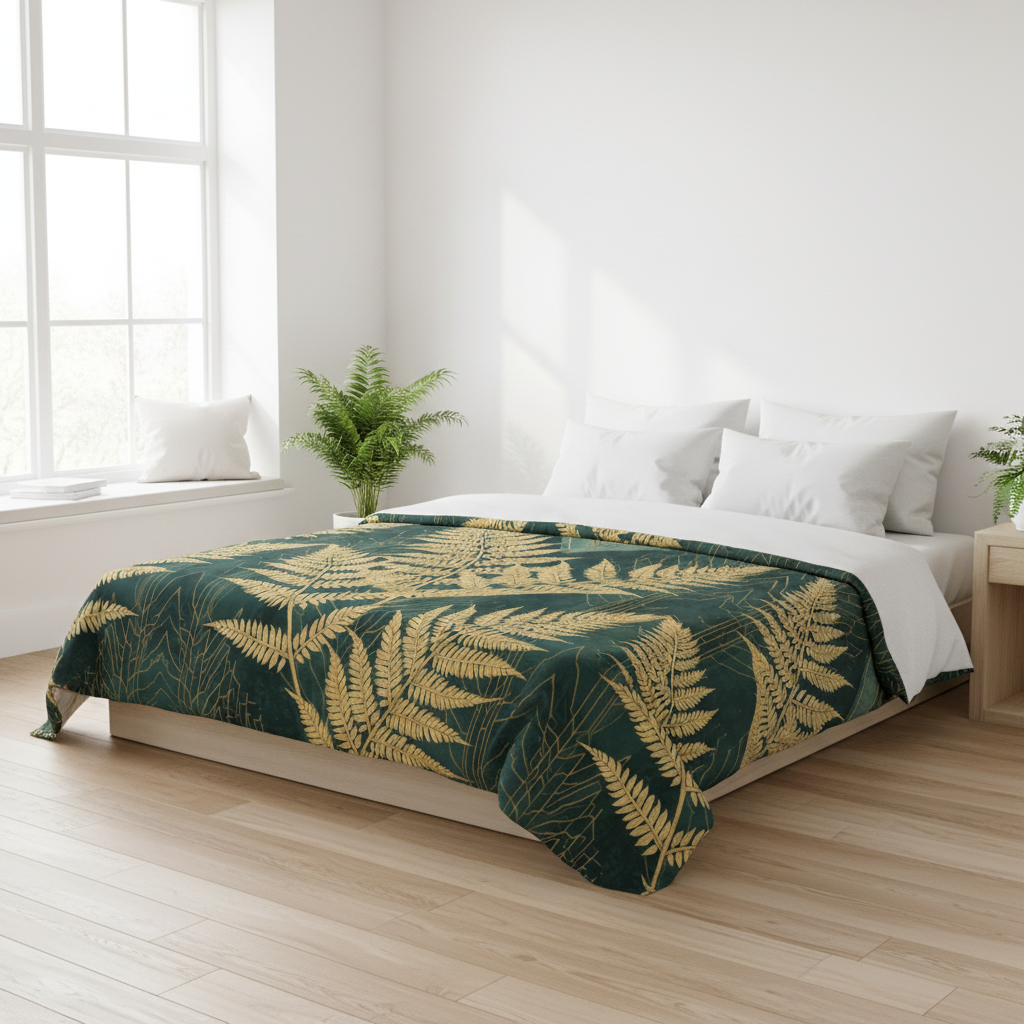 Golden fern king comforter in bright white minimalist bedroom