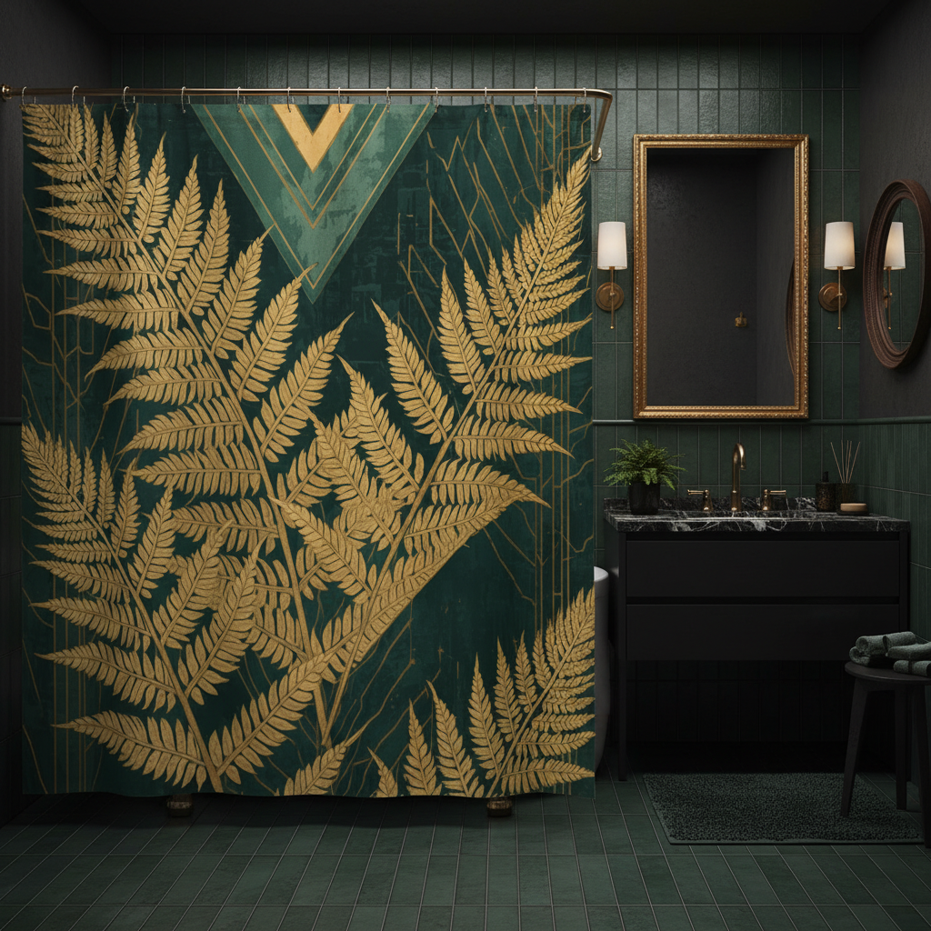 Golden fern shower curtain in dramatic dark bathroom with black walls