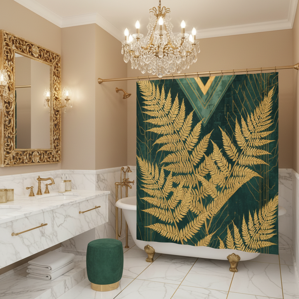 Golden fern shower curtain in glamorous bathroom with gold fixtures