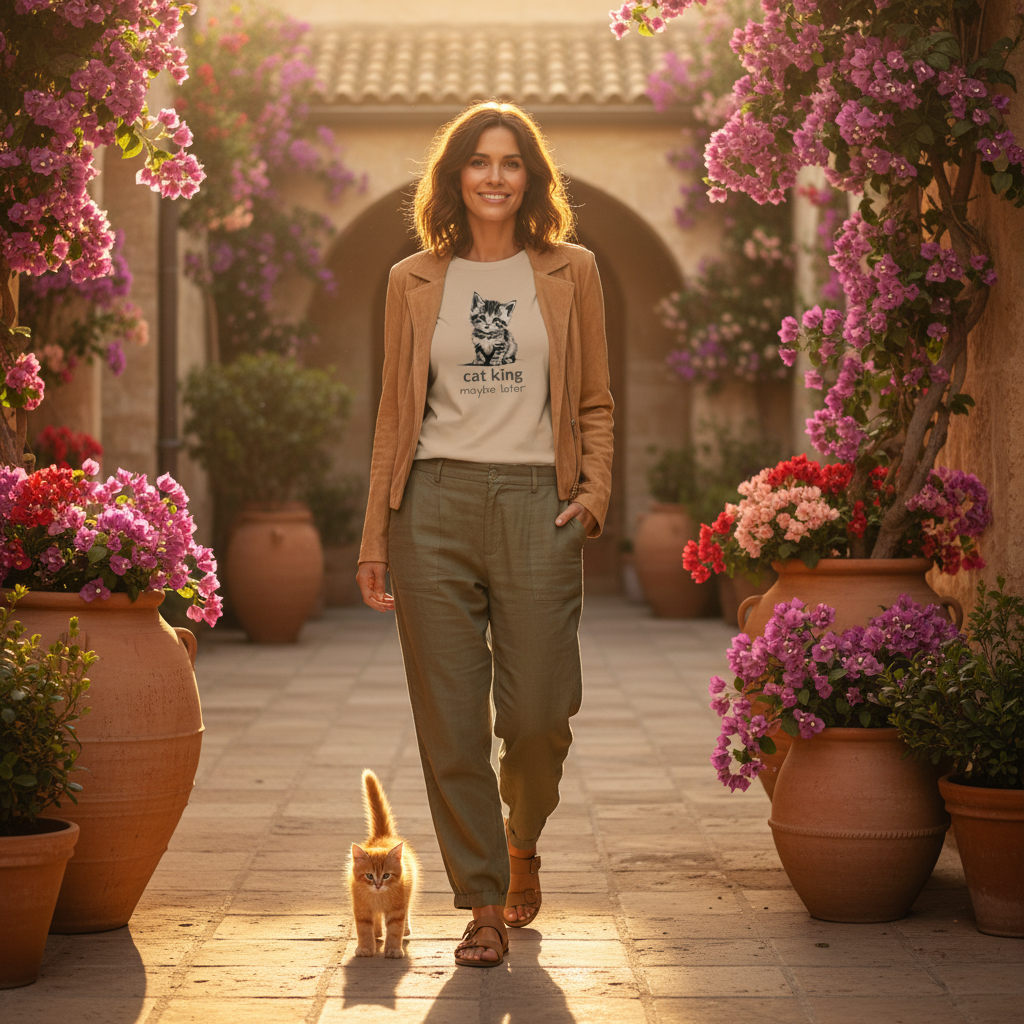 Gorgeous woman in sand beige cat king t-shirt with olive pants and suede jacket in Mediterranean courtyard with orange kitten