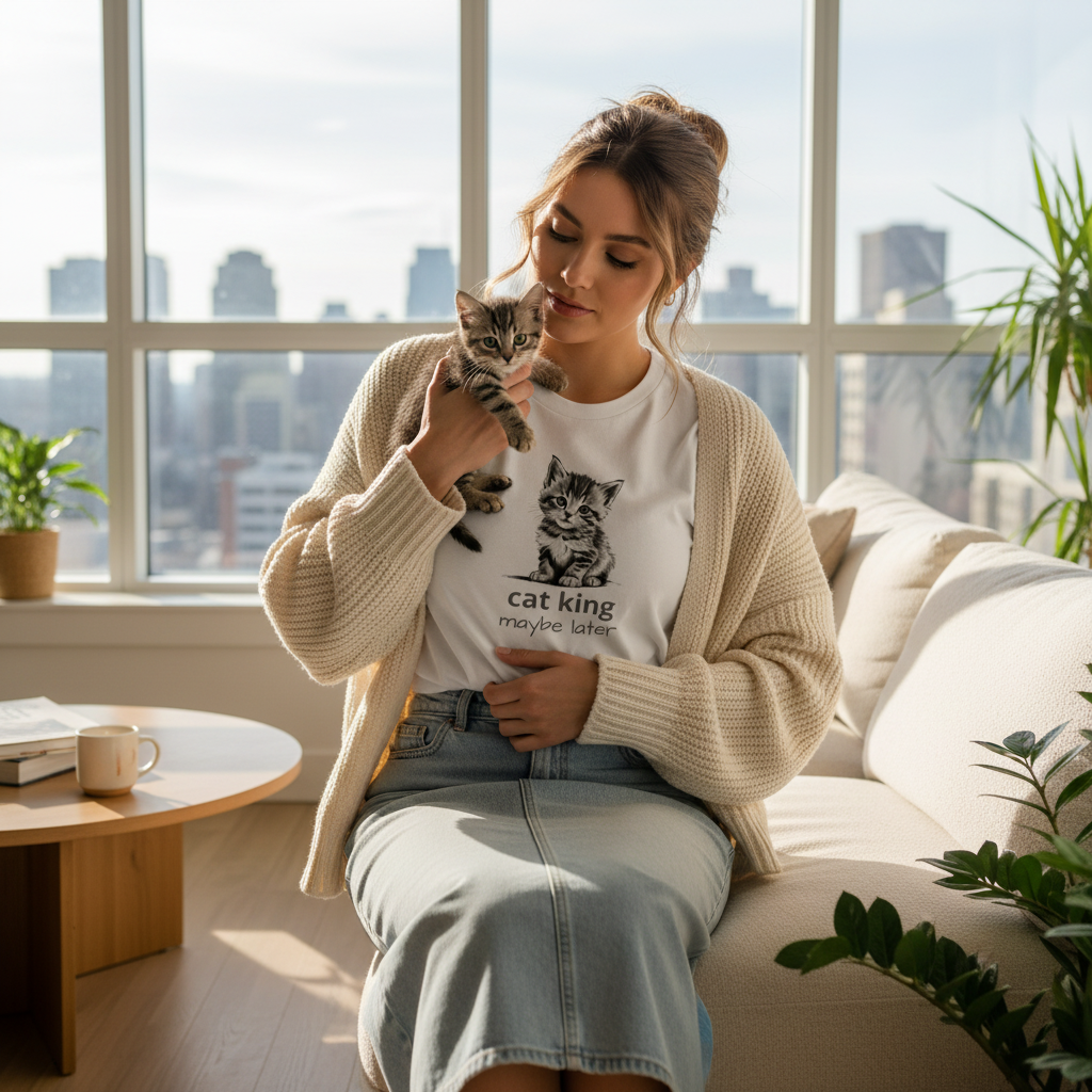 Gorgeous woman in white cat king t-shirt with denim skirt and cardigan in loft apartment holding grey kitten