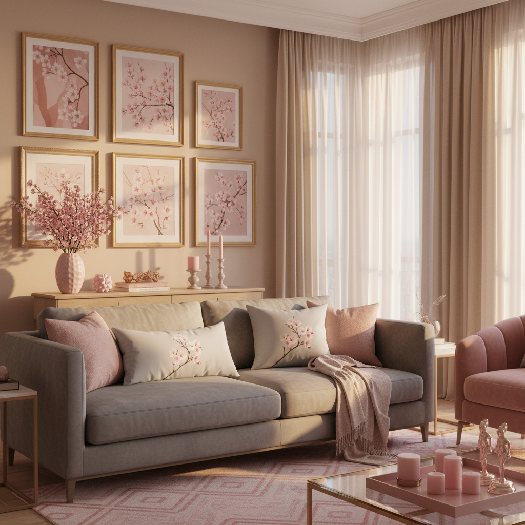 Gray and pink living room with cherry blossom art