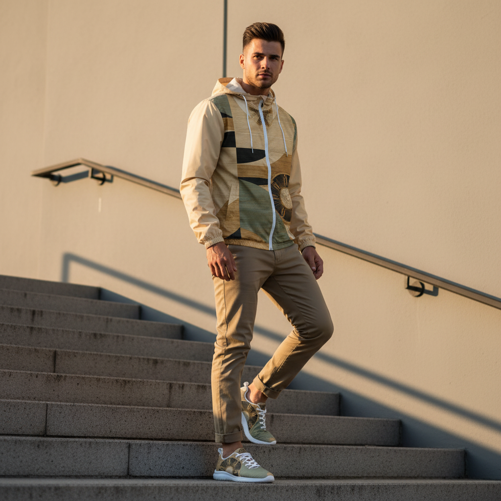 Handsome athletic man wearing earth tones windbreaker with gold compass mandala design and matching athletic shoes with gold compass design, full coordinated outfit on urban concrete staircase with warm golden light