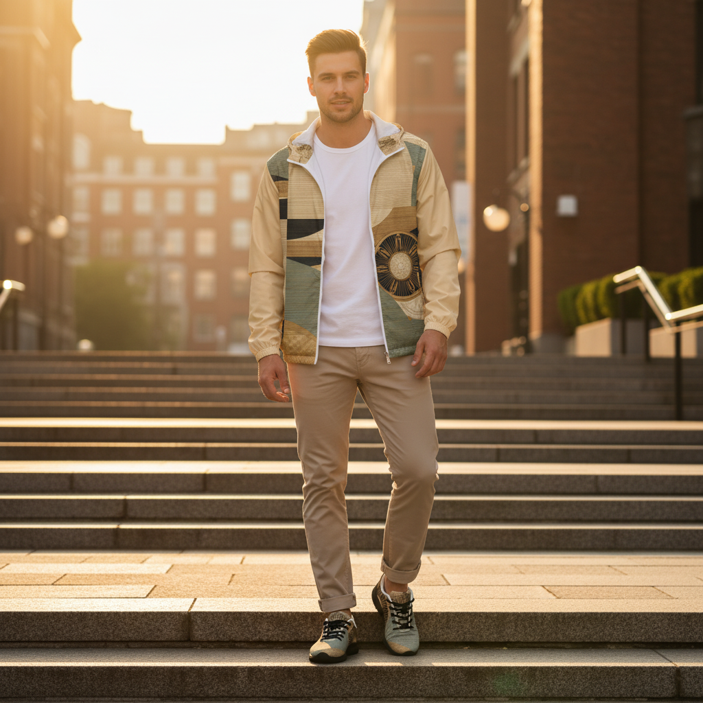Handsome man wearing earth tones windbreaker unzipped over white t-shirt, beige chino pants and earth tones athletic shoes with black sole and gold compass design, full coordinated outfit on urban steps