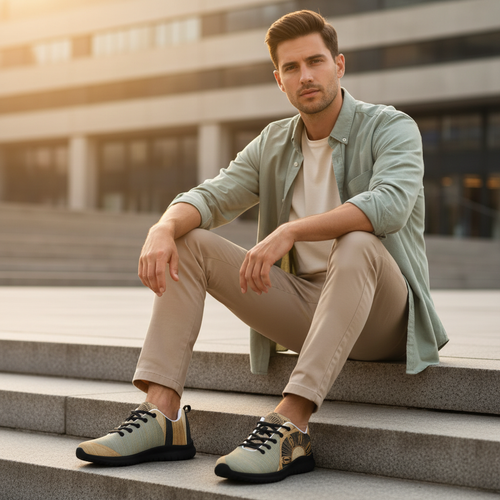 Handsome modern stylish man sitting relaxed on urban concrete bench, full body visible, wearing earth tones athletic shoes with gold compass mandala design and white sole, coordinated beige chinos and sage green overshirt, shoes prominently visible in foreground, warm golden light