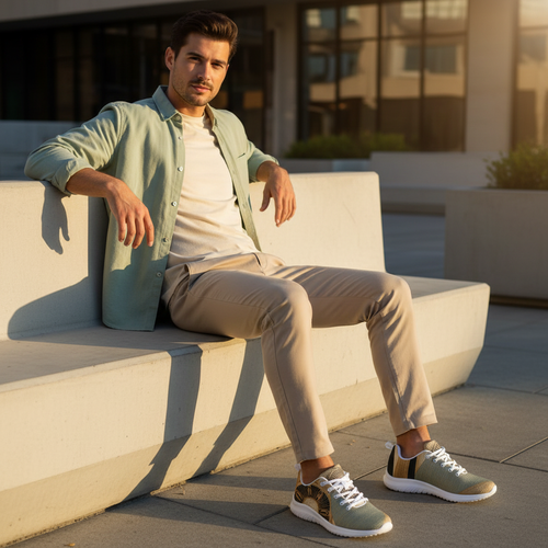 Handsome modern stylish man sitting relaxed on urban concrete bench, full body visible, wearing earth tones athletic shoes with white sole and white laces, gold compass mandala design, coordinated beige chinos and sage green overshirt, shoes prominently in foreground, warm golden light