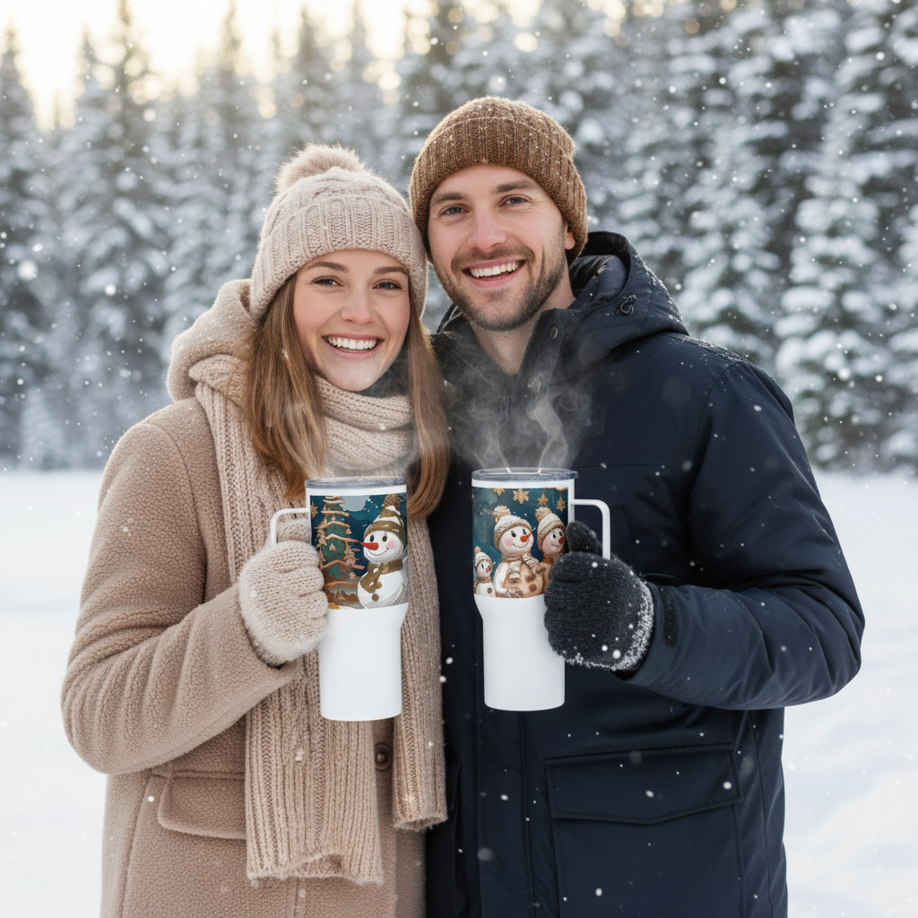 Happy Couple with Snowman Travel Mugs in Winter Landscape