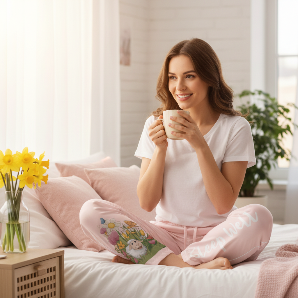 Happy woman in light pink sheep pajama pants with white tee sitting on bed with coffee in bright spring bedroom