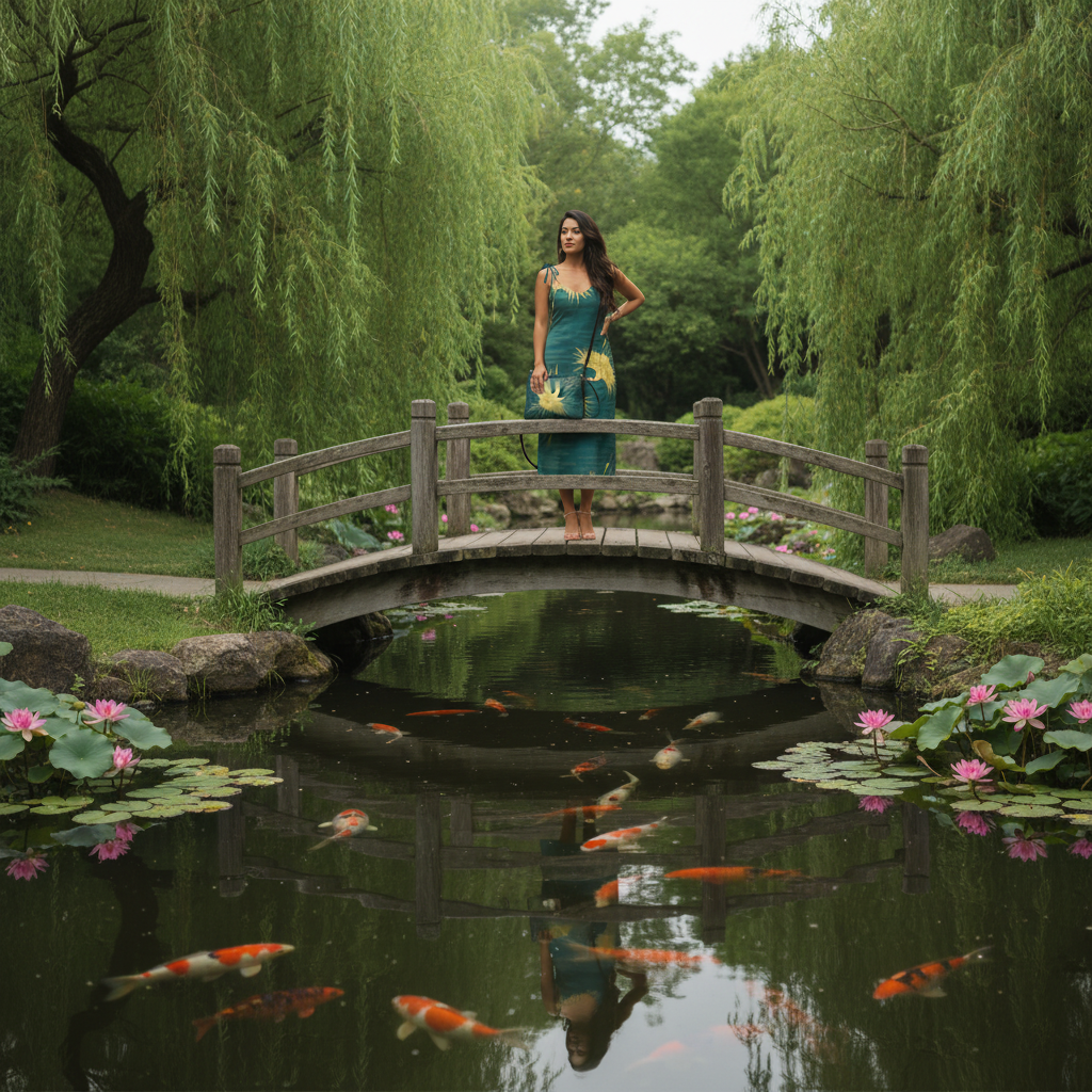 Hispanic woman in crane dress on bridge over koi pond with matching bag
