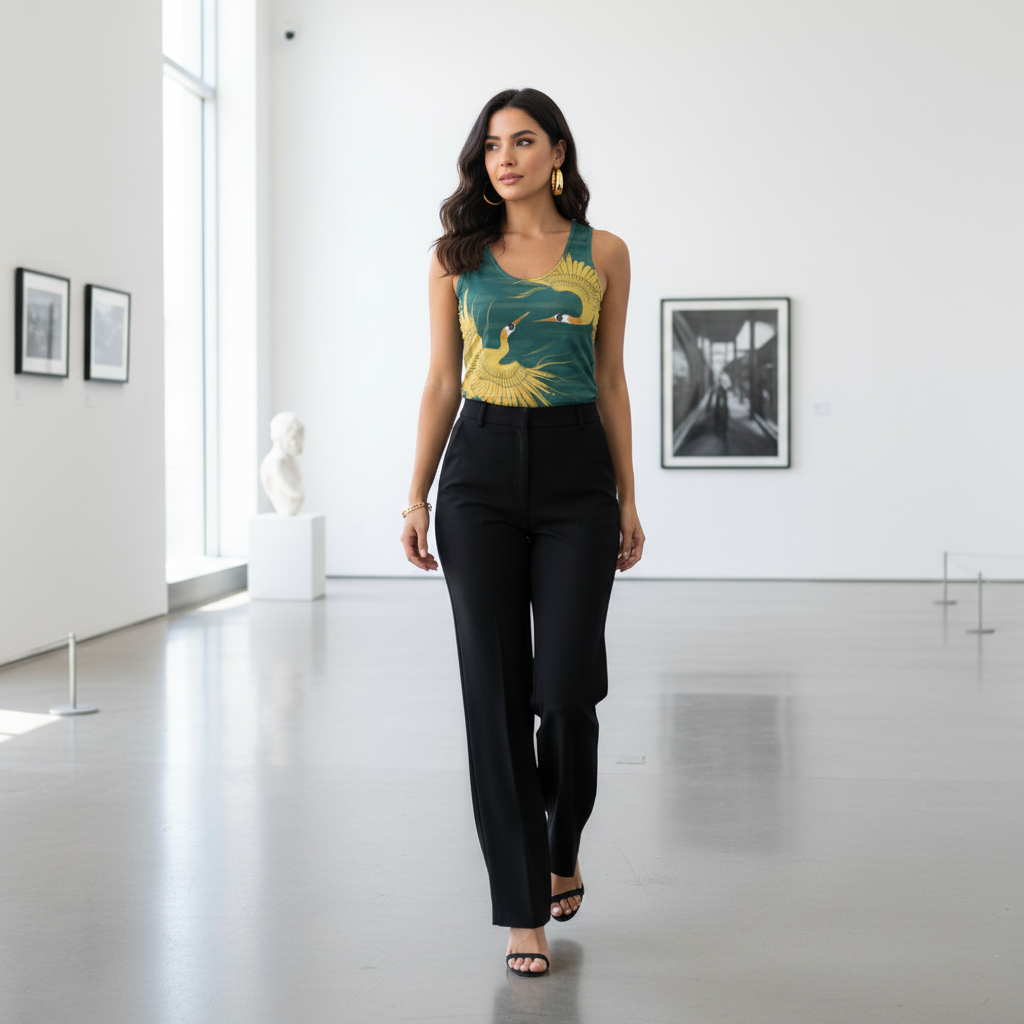 Hispanic woman in teal crane tank top black wide-leg trousers gold hoops gallery