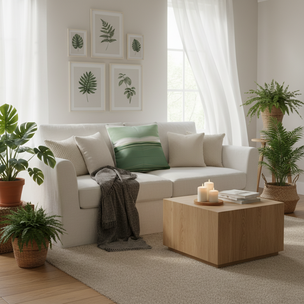 Hygge living room with green striped pillow and plants