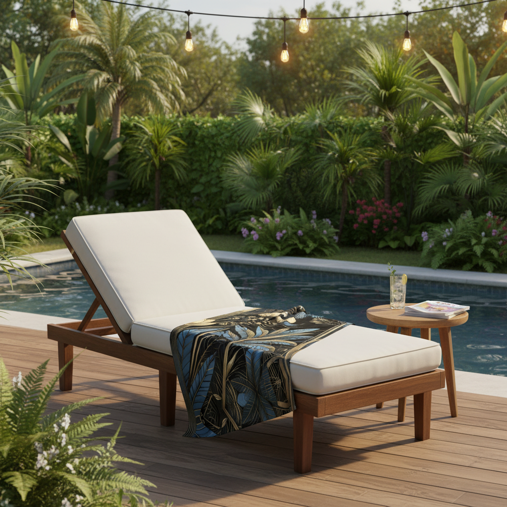 Inviting poolside with Art Deco towel on lounge chair
