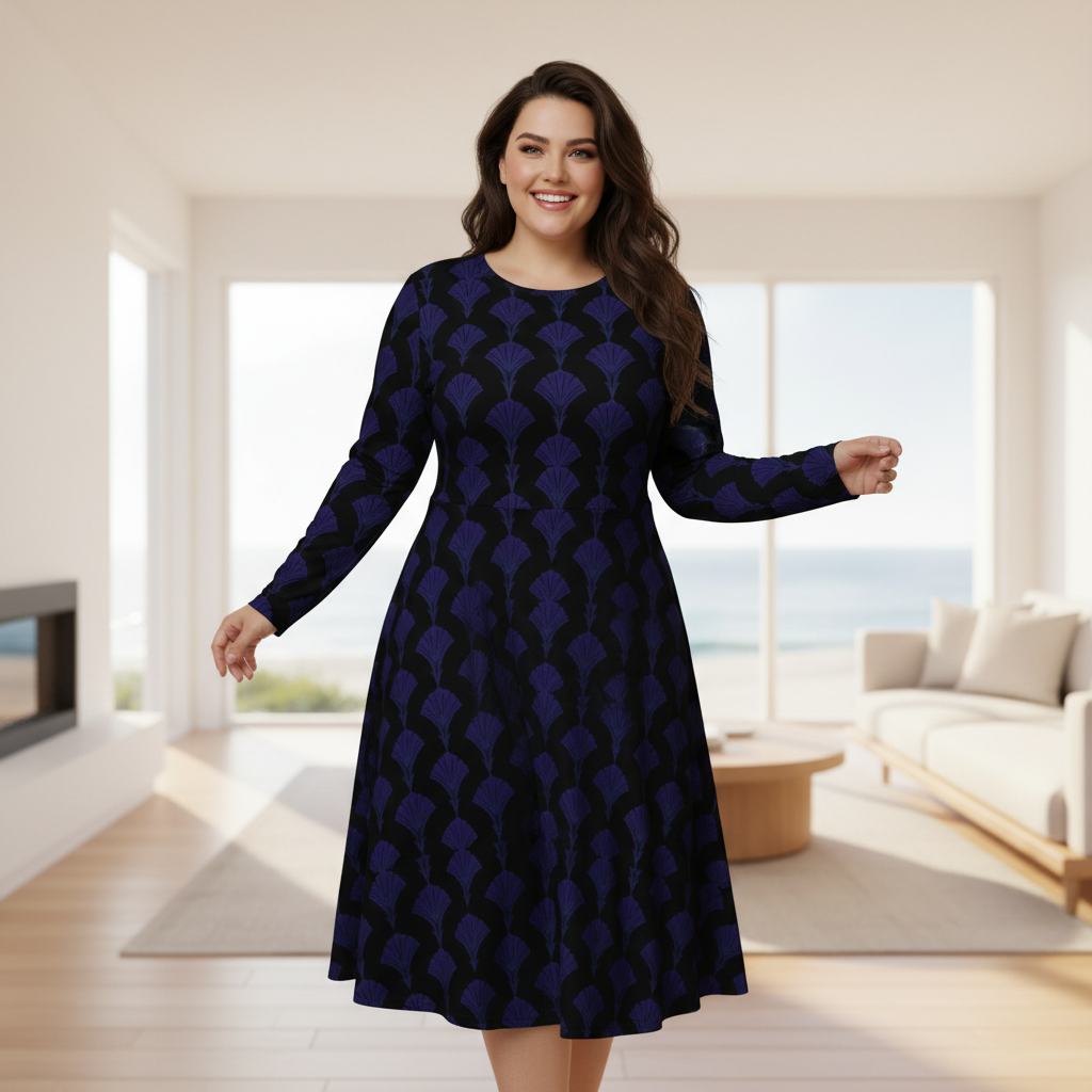 Joyful empowered plus-size woman 4XL in deep blue and black long sleeve midi dress near windows in bright sunny interior