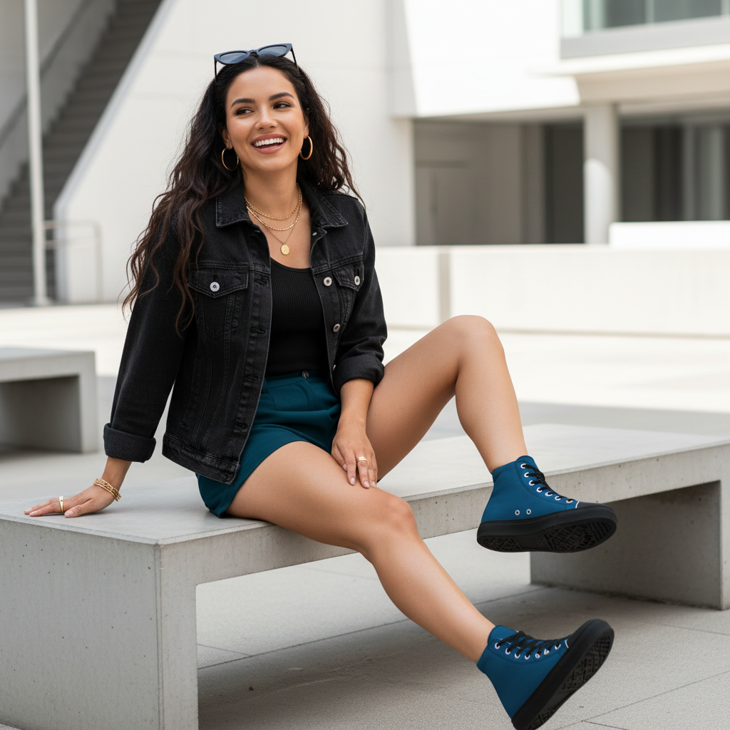Joyful long-haired woman in teal shorts black tank denim jacket with teal high-top shoes