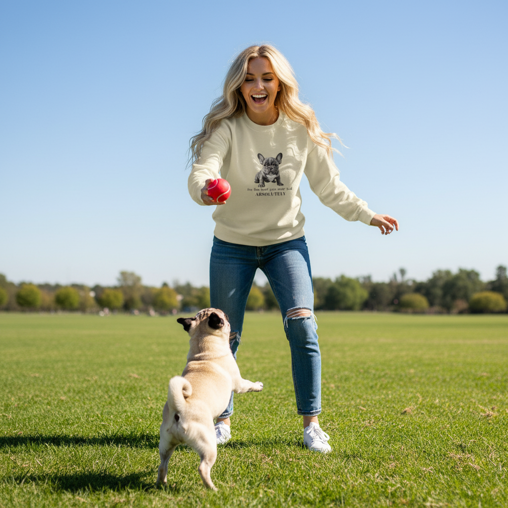 Joyful woman in bone sweatshirt playing fetch with pug in sunny park