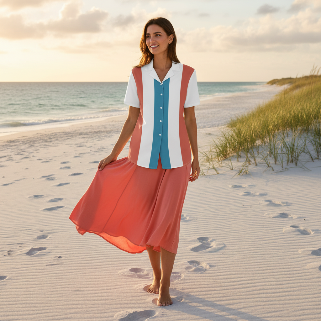 Košile s korálovou letní sukní na pláži