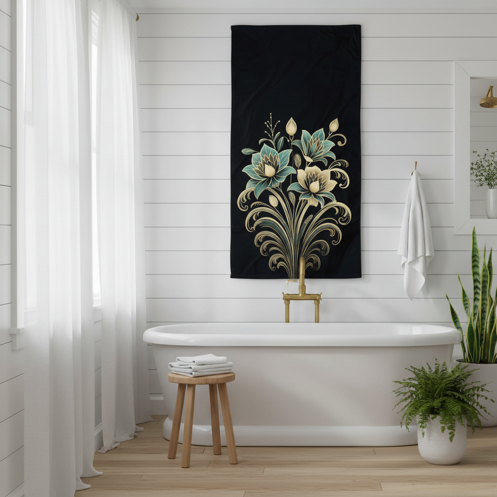 Large sage and gold botanical beach towel hanging in coastal bathroom on white shiplap wall, white bathtub, sage plants, gold fixtures