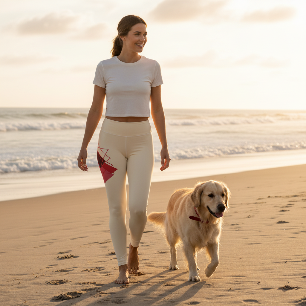 High-waisted yoga leggings with red geometric squares - Comfortable activewear. Time by the ocean with dog 

