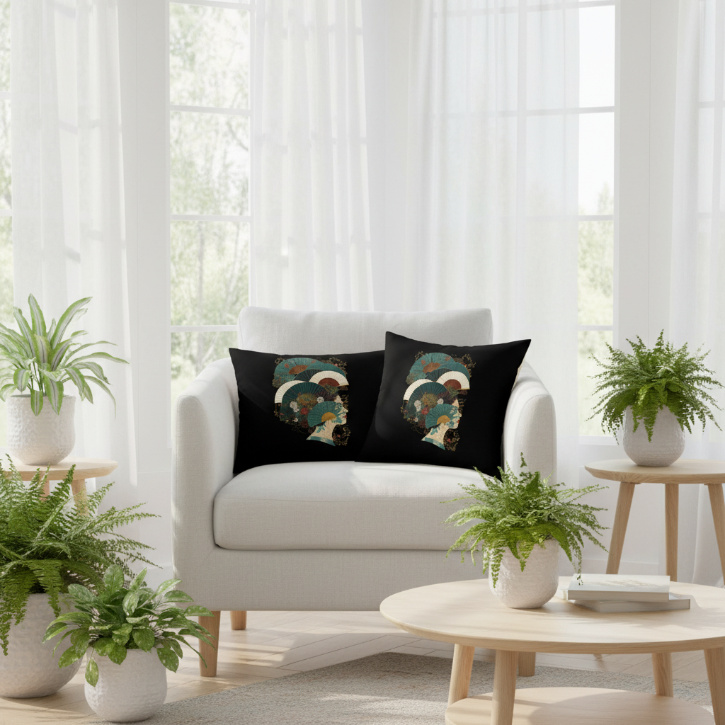 Light bright sunroom with white armchair featuring black premium pillows with teal green cream Japanese fan art pattern, white walls, large windows with natural sunlight, sheer curtains, green ferns