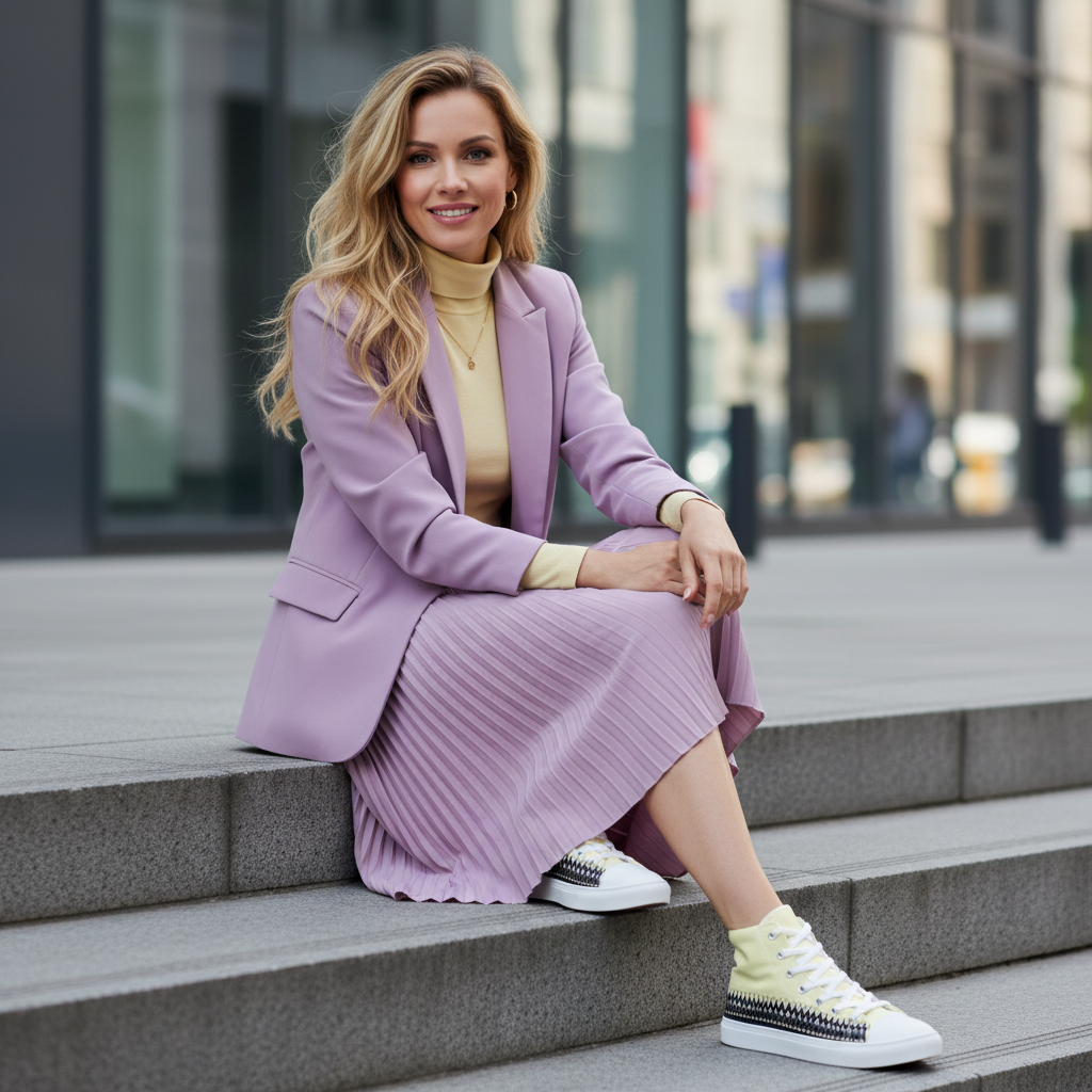 Long-haired woman in lavender midi skirt yellow turtleneck with yellow high-top shoes