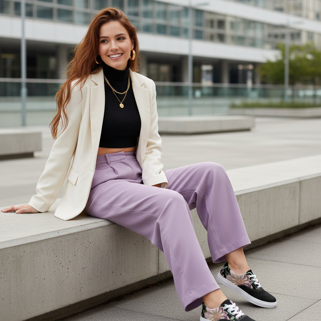 Long-haired woman in lavender trousers black top and cream blazer with black floral canvas shoes