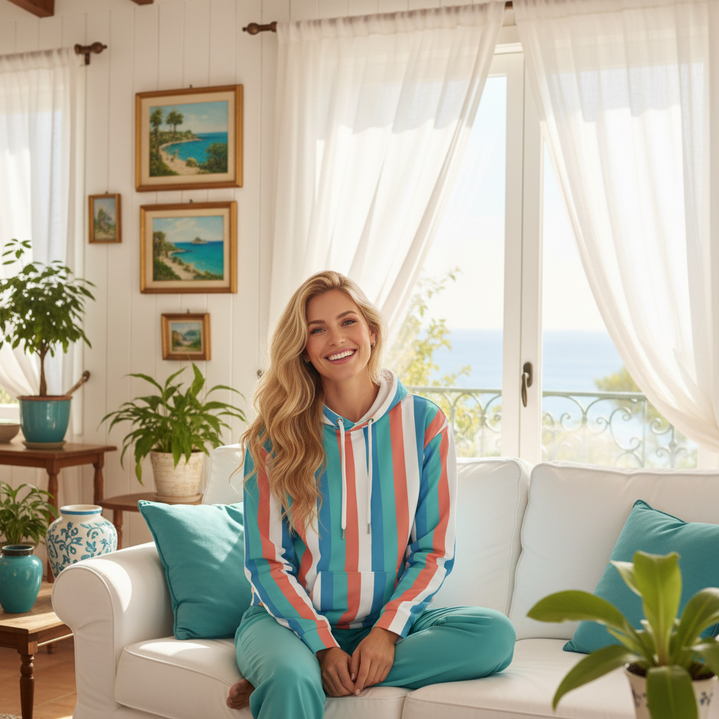 Lovely blonde woman in striped hoodie with turquoise teal pants