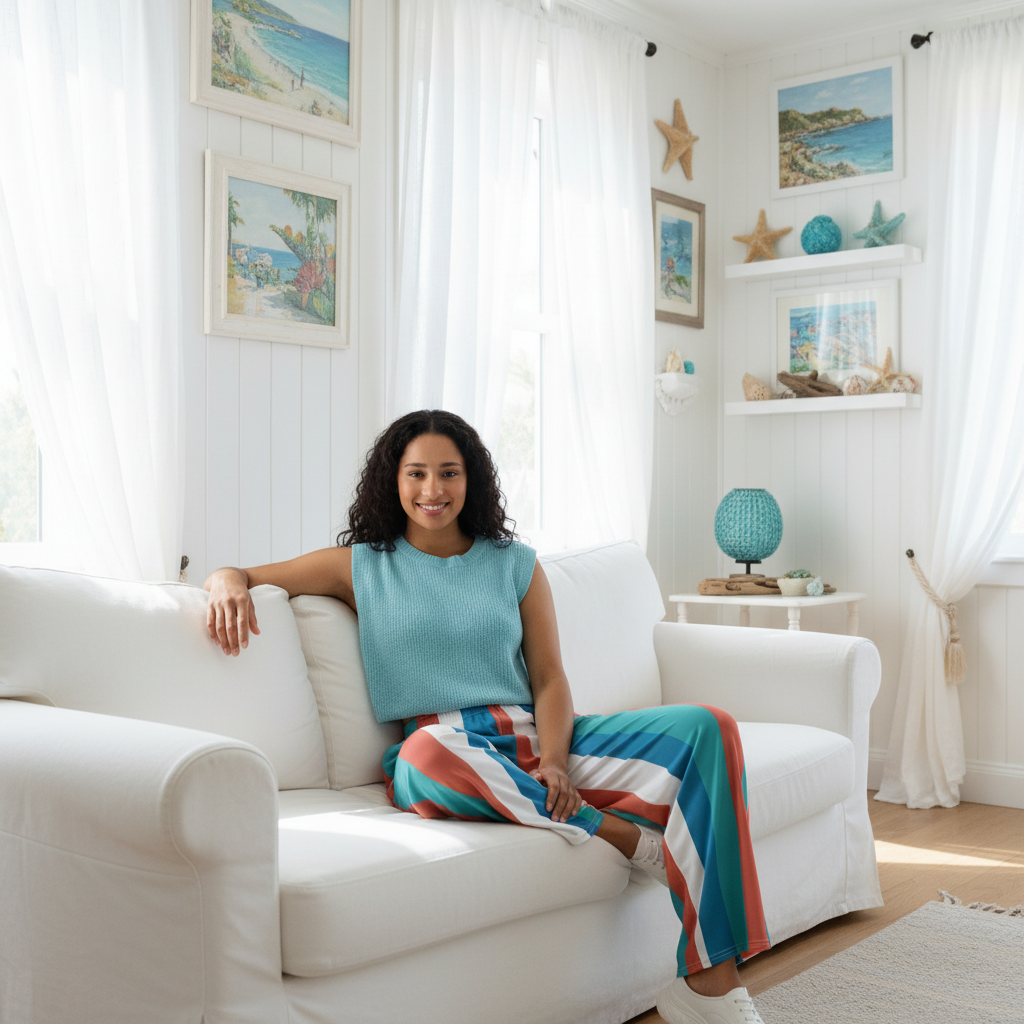 Lovely dark-haired woman in striped wide leg pants with light blue crop top in Italian coastal living room