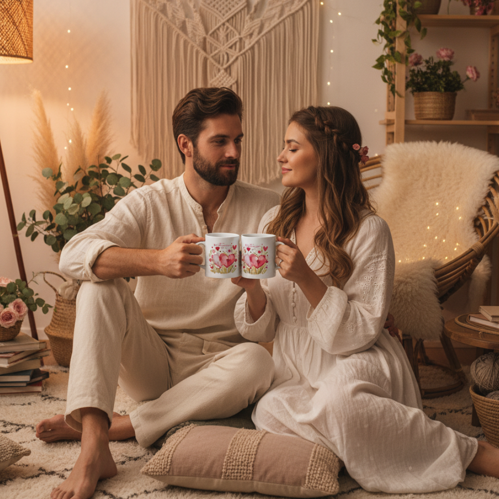 Loving couple in bohemian living room with Valentine's heart mugs, macrame wall hangings, rattan furniture and pink flowers
