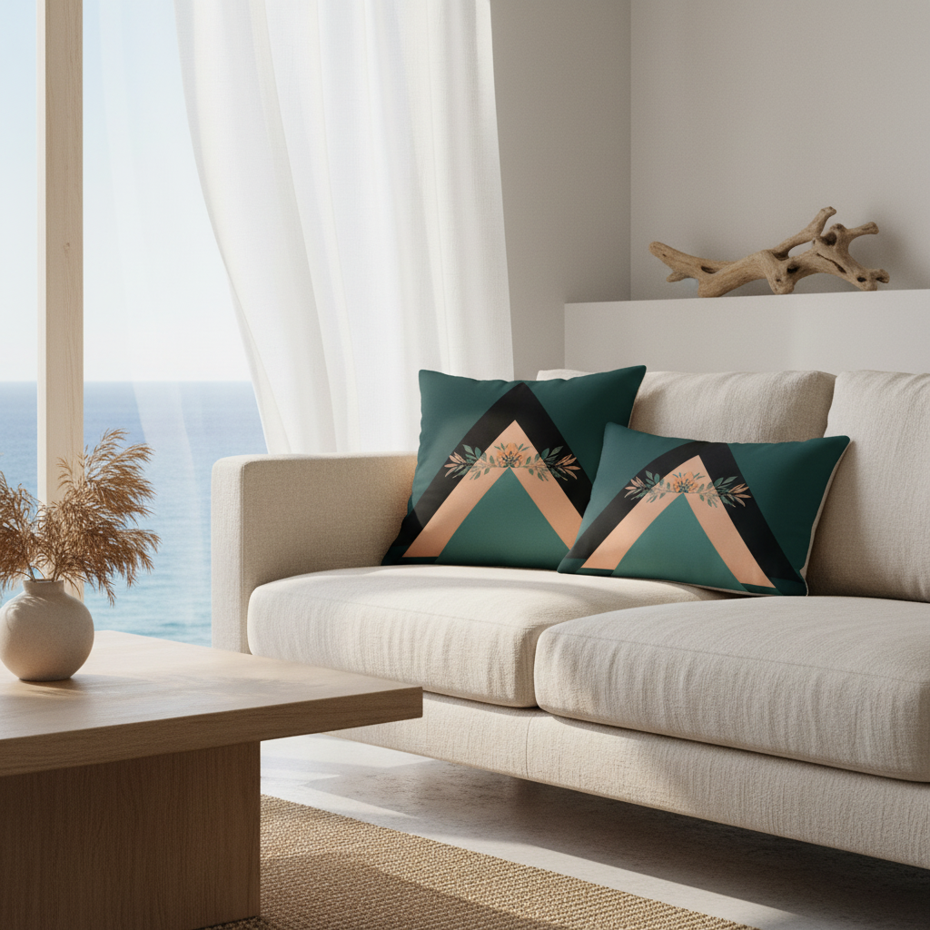 Luminous coastal space with detailed view of dark green and peach geometric pillows