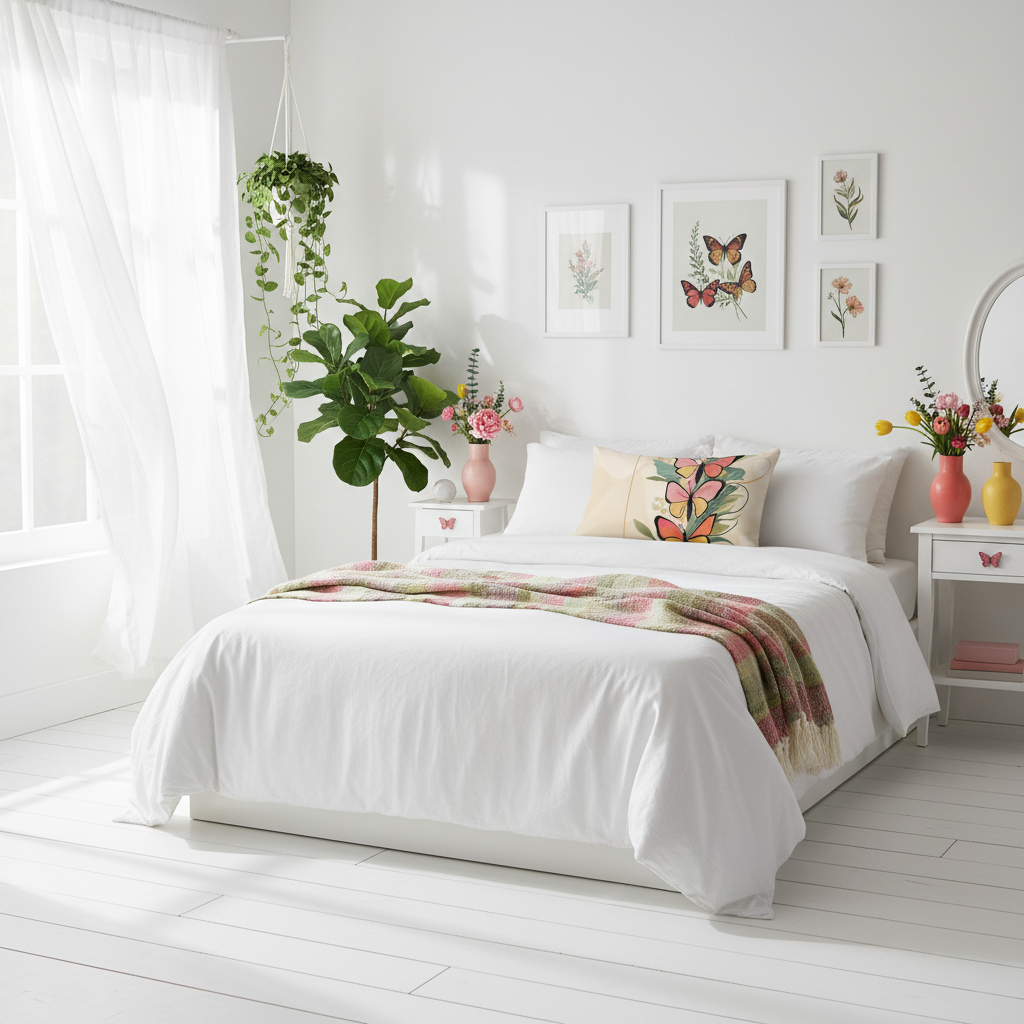 Luminous white bedroom featuring butterfly pillow with spring botanical decor and green plants