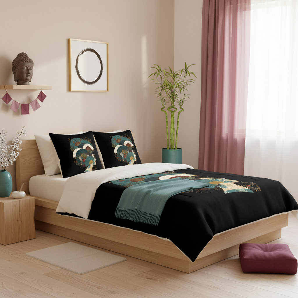 Luminous zen bedroom with Buddha head and Oriental twin XL bedding