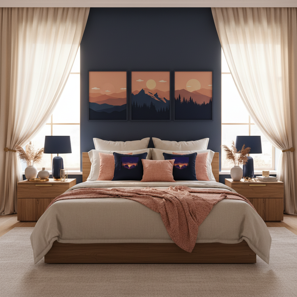 Luxurious bedroom with navy art collection