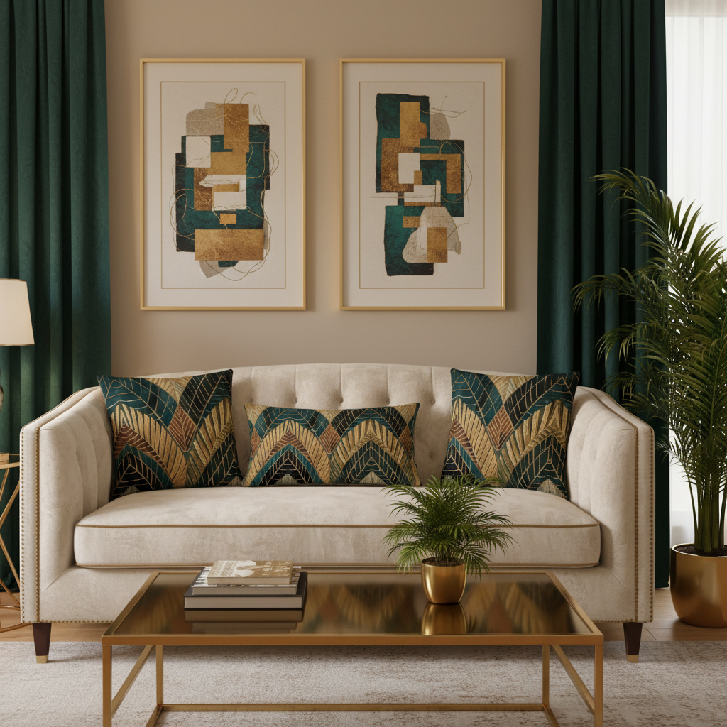 Luxurious beige living room with art deco pillows and emerald curtains