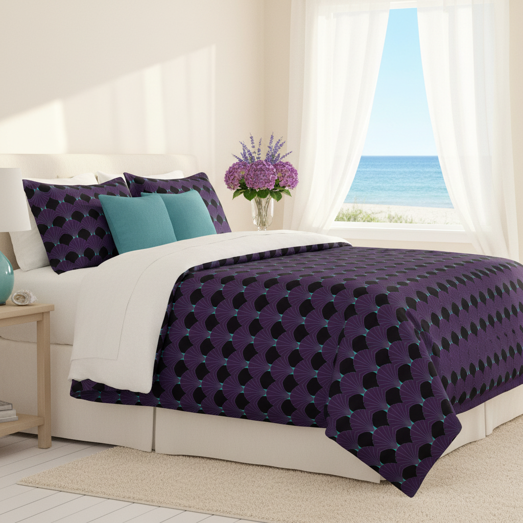 Luxurious coastal master bedroom with art deco bedding