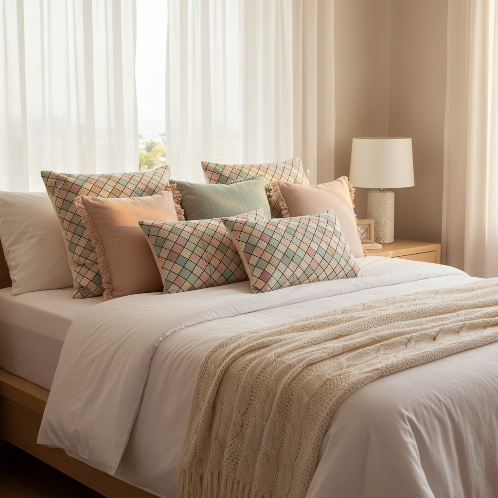 Luxurious cozy bedroom with colorful squares throw pillows layered on bed